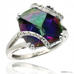 10k White Gold Diamond Mystic Topaz Ring 7.5 ct Cushion Cut 12 mm Stone, 1/2 in wide