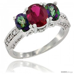 10K White Gold Ladies Oval Natural Ruby 3-Stone Ring with Mystic Topaz Sides Diamond Accent