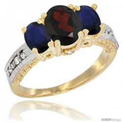 14k Yellow Gold Ladies Oval Natural Garnet 3-Stone Ring with Blue Sapphire Sides Diamond Accent