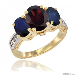 14K Yellow Gold Ladies 3-Stone Oval Natural Garnet Ring with Blue Sapphire Sides Diamond Accent