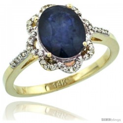 14k Yellow Gold Diamond Halo Blue Sapphire Ring 1.65 Carat Oval Shape 9X7 mm, 7/16 in (11mm) wide