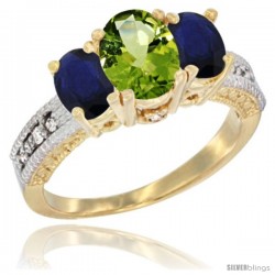 14k Yellow Gold Ladies Oval Natural Peridot 3-Stone Ring with Blue Sapphire Sides Diamond Accent