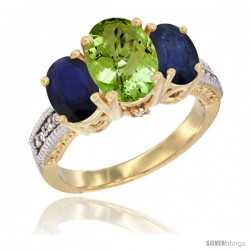 14K Yellow Gold Ladies 3-Stone Oval Natural Peridot Ring with Blue Sapphire Sides Diamond Accent