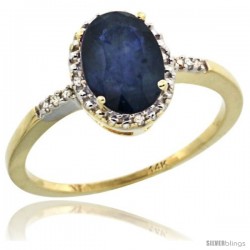 14k Yellow Gold Diamond Blue Sapphire Ring 1.17 ct Oval Stone 8x6 mm, 3/8 in wide