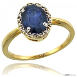 14k Yellow Gold Diamond Halo Blue Sapphire Ring 1.2 ct Oval Stone 8x6 mm, 1/2 in wide