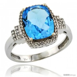 10k White Gold Diamond Halo Swiss Blue Topaz Ring 2.4 ct Cushion Cut 9x7 mm, 1/2 in wide