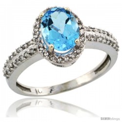 10k White Gold Diamond Halo Swiss Blue Topaz Ring 1.2 ct Oval Stone 8x6 mm, 3/8 in wide