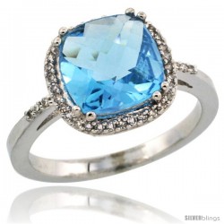 10k White Gold Diamond Swiss Blue Topaz Ring 3.05 ct Cushion Cut 9x9 mm, 1/2 in wide