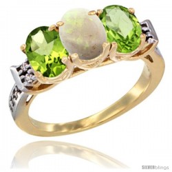 10K Yellow Gold Natural Opal & Peridot Sides Ring 3-Stone Oval 7x5 mm Diamond Accent