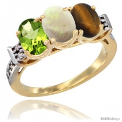 10K Yellow Gold Natural Peridot, Opal & Tiger Eye Ring 3-Stone Oval 7x5 mm Diamond Accent