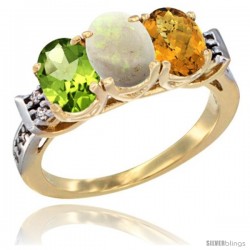 10K Yellow Gold Natural Peridot, Opal & Whisky Quartz Ring 3-Stone Oval 7x5 mm Diamond Accent