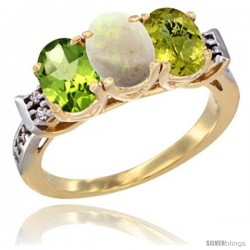 10K Yellow Gold Natural Peridot, Opal & Lemon Quartz Ring 3-Stone Oval 7x5 mm Diamond Accent