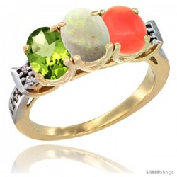 10K Yellow Gold Natural Peridot, Opal & Coral Ring 3-Stone Oval 7x5 mm Diamond Accent