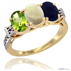 10K Yellow Gold Natural Peridot, Opal & Lapis Ring 3-Stone Oval 7x5 mm Diamond Accent