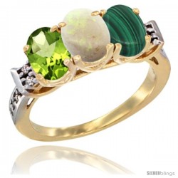 10K Yellow Gold Natural Peridot, Opal & Malachite Ring 3-Stone Oval 7x5 mm Diamond Accent