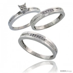 Sterling Silver Diamond Trio Wedding Ring Set His 4mm & Hers 3.5mm Rhodium finish -Style Ag019w3