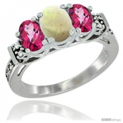 14K White Gold Natural Opal & Pink Topaz Ring 3-Stone Oval with Diamond Accent