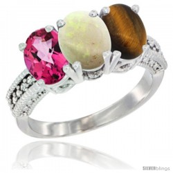 14K White Gold Natural Pink Topaz, Opal & Tiger Eye Ring 3-Stone 7x5 mm Oval Diamond Accent