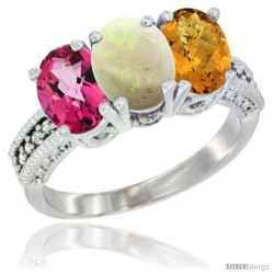 14K White Gold Natural Pink Topaz, Opal & Whisky Quartz Ring 3-Stone 7x5 mm Oval Diamond Accent