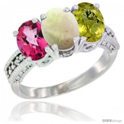 14K White Gold Natural Pink Topaz, Opal & Lemon Quartz Ring 3-Stone 7x5 mm Oval Diamond Accent