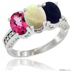 14K White Gold Natural Pink Topaz, Opal & Lapis Ring 3-Stone 7x5 mm Oval Diamond Accent