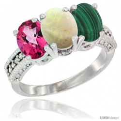 14K White Gold Natural Pink Topaz, Opal & Malachite Ring 3-Stone 7x5 mm Oval Diamond Accent