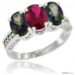 10K White Gold Natural Ruby & Mystic Topaz Sides Ring 3-Stone Oval 7x5 mm Diamond Accent