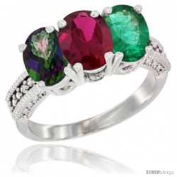 10K White Gold Natural Mystic Topaz, Ruby & Emerald Ring 3-Stone Oval 7x5 mm Diamond Accent