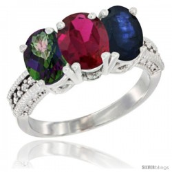 10K White Gold Natural Mystic Topaz, Ruby & Blue Sapphire Ring 3-Stone Oval 7x5 mm Diamond Accent