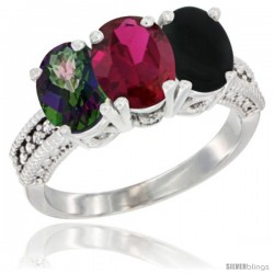 10K White Gold Natural Mystic Topaz, Ruby & Black Onyx Ring 3-Stone Oval 7x5 mm Diamond Accent