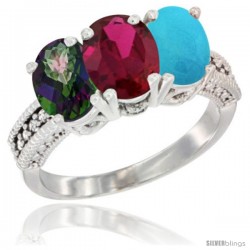 10K White Gold Natural Mystic Topaz, Ruby & Turquoise Ring 3-Stone Oval 7x5 mm Diamond Accent