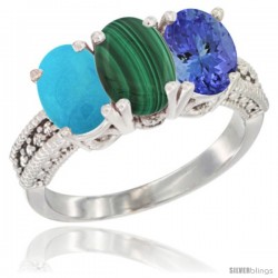 14K White Gold Natural Turquoise, Malachite & Tanzanite Ring 3-Stone 7x5 mm Oval Diamond Accent