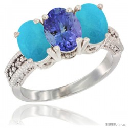 14K White Gold Natural Tanzanite & Turquoise Sides Ring 3-Stone 7x5 mm Oval Diamond Accent