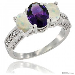 14k White Gold Ladies Oval Natural Amethyst 3-Stone Ring with Opal Sides Diamond Accent