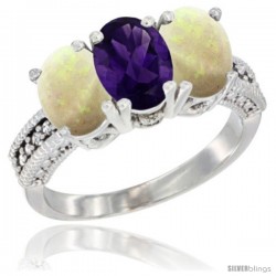 14K White Gold Natural Amethyst & Opal Sides Ring 3-Stone 7x5 mm Oval Diamond Accent