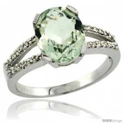 Sterling Silver and Diamond Halo Natural Green Amethyst Ring 2.4 carat Oval shape 10X8 mm, 3/8 in (10mm) wide