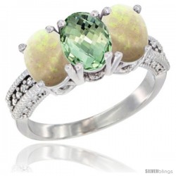 14K White Gold Natural Green Amethyst & Opal Sides Ring 3-Stone 7x5 mm Oval Diamond Accent