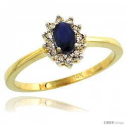 14k Yellow Gold Diamond Halo Blue Sapphire Ring 0.25 ct Oval Stone 5x3 mm, 5/16 in wide