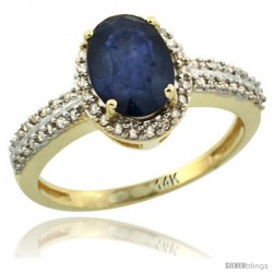 14k Yellow Gold Diamond Halo Blue Sapphire Ring 1.2 ct Oval Stone 8x6 mm, 3/8 in wide