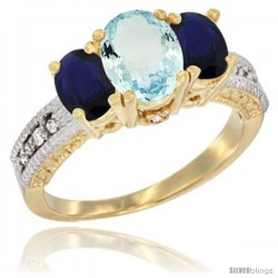 14k Yellow Gold Ladies Oval Natural Aquamarine 3-Stone Ring with Blue Sapphire Sides Diamond Accent