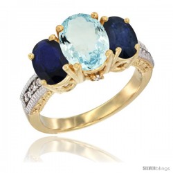 14K Yellow Gold Ladies 3-Stone Oval Natural Aquamarine Ring with Blue Sapphire Sides Diamond Accent