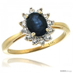 14k Yellow Gold Diamond Halo Blue Sapphire Ring 0.85 ct Oval Stone 7x5 mm, 1/2 in wide