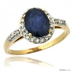 14k Yellow Gold Diamond Blue Sapphire Ring Oval Stone 8x6 mm 1.17 ct 3/8 in wide