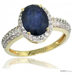 14k Yellow Gold Diamond Blue Sapphire Ring Oval Stone 9x7 mm 1.76 ct 1/2 in wide
