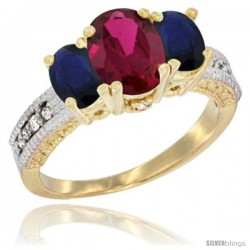 14k Yellow Gold Ladies Oval Natural Ruby 3-Stone Ring with Blue Sapphire Sides Diamond Accent