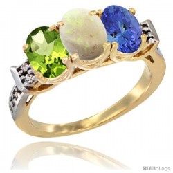 10K Yellow Gold Natural Peridot, Opal & Tanzanite Ring 3-Stone Oval 7x5 mm Diamond Accent