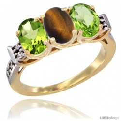 10K Yellow Gold Natural Tiger Eye & Peridot Sides Ring 3-Stone Oval 7x5 mm Diamond Accent