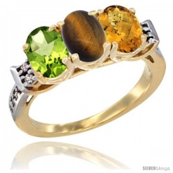 10K Yellow Gold Natural Peridot, Tiger Eye & Whisky Quartz Ring 3-Stone Oval 7x5 mm Diamond Accent