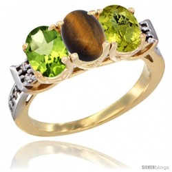 10K Yellow Gold Natural Peridot, Tiger Eye & Lemon Quartz Ring 3-Stone Oval 7x5 mm Diamond Accent