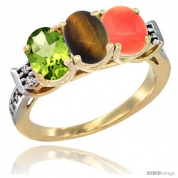 10K Yellow Gold Natural Peridot, Tiger Eye & Coral Ring 3-Stone Oval 7x5 mm Diamond Accent